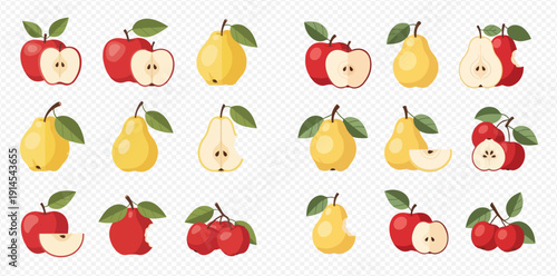 Set of fresh apples, pears, and cherries in various states, including whole, half, sliced, and bitten, on a transparent background.