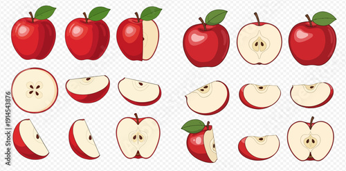 Red Apple Vector Set: Whole, Half, and Sliced Fruit Illustrations for Healthy Eating.