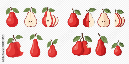 Set of red pears in various forms: whole, half, sliced, and bitten, with green leaves, on a transparent background.