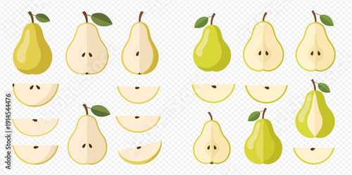 Set of fresh green and yellow pears, whole and sliced, with leaves and seeds, on a transparent background.