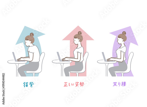 パソコンを操作する猫背と反り腰と正しい姿勢の女性の比較イラストセット