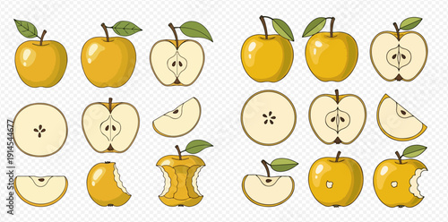 Set of yellow apple illustrations, whole, half, slices, and core, showing various stages of consumption.