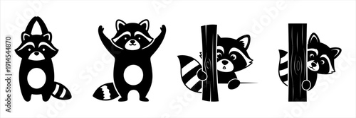 Adorable Raccoon Characters in Playful Poses Yoga, Waving, and Peeking