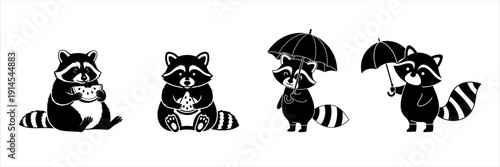 Adorable Raccoon Illustrations with Umbrellas and Treats - Cute Animal Graphics Set