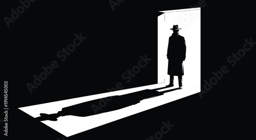 Man silhouette standing in open doorway, mystery suspense noir shadow light concept, dramatic cinematic scene, dark black white vector illustration