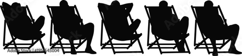 Man Relaxing on Deck Chair Silhouettes Vector Illustration, Leisure Vacation Resting People Isolated Black Figures Set