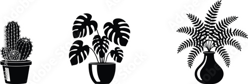 Minimal black silhouette houseplants set, monstera leaves, cactus and fern in pots, modern botanical decor illustration isolated on white