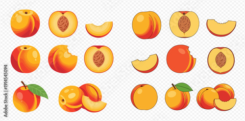 Set of fresh peaches in various forms, including whole, half, bitten, and sliced, perfect for healthy food concepts.