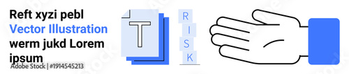 Risk management, decision-making, business strategy, caution, safety, digital control. Text blocks with letters spelling risk and an outlined hand gesture. Risk management and decision-making