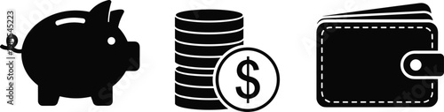 Finance and Savings Icon Set Silhouette, Piggy Bank, Coin Stack and Wallet Vector Symbols Isolated on White Background for Banking and Money Design