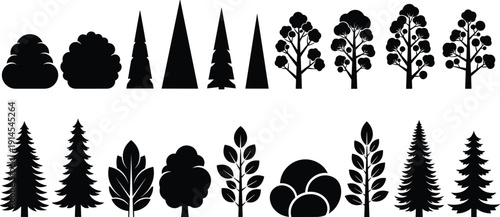 Forest Tree Silhouette Vector Collection, Pine, Fir and Deciduous Trees Isolated on White Background, Black Nature Icons for Landscape and Graphic Design