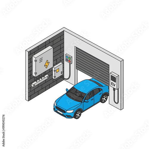 Home EV Charging Station Installation Isometric Vector. Blue Electric Car in Garage with Wall Charger and Electrical Panel Box.