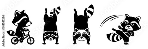 Cartoon Raccoons in Various Fun and Active Poses Illustration