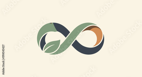 Sustainable infinity symbol with intertwined green leaf and abstract shapes representing eco-friendly harmony