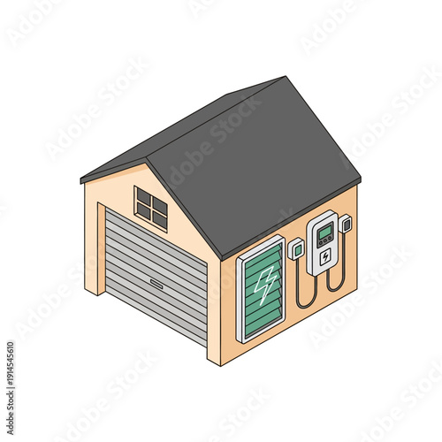 Isometric EV Charging Station on Residential Garage. Electric Vehicle Home Wallbox Charger Installation and Smart Energy System Illustration.
