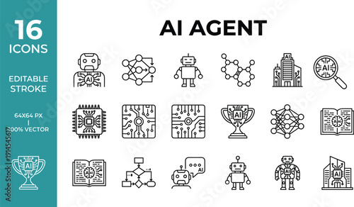 Minimal AI Agent Icon Set, Editable Stroke Vector Collection in 3x4 Grid Layout, Clean Corporate Technology Symbols on White Background