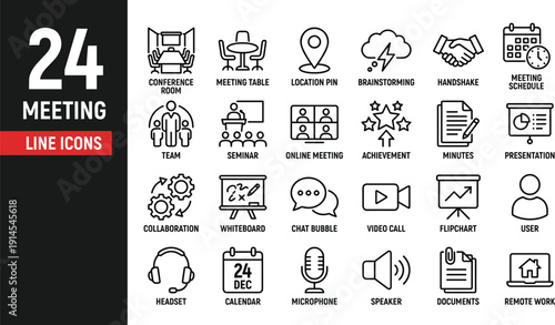 Meeting Line Icon Set, Business Conference and Online Collaboration Vector Collection with Editable Stroke, Minimal Corporate Symbols on White Background