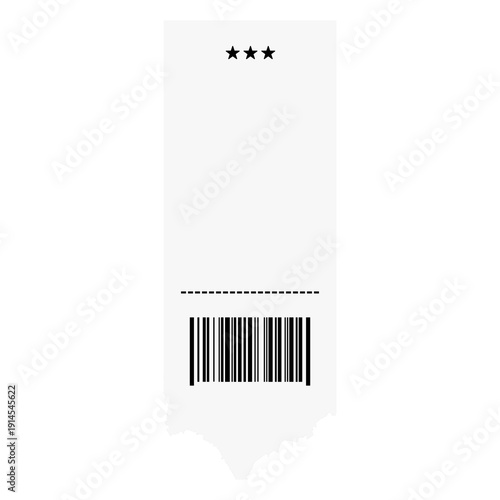 A blank white receipt featuring a black barcode, a dashed perforation line, and three black stars at the presented on a transparent background for versatile use