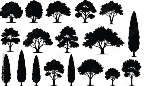 Tree Silhouette Collection Vector Set, Black Forest and Garden Trees Isolated on White Background, Various Nature Shapes for Landscape and Graphic Design