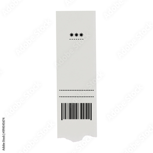 Crumpled receipt with dashed line and barcode on transparent background Keywords: receipt, crumpled, paper, white, dashed line isolated on a transparent background