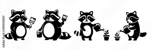 Whimsical raccoon characters enjoying creative and green thumb activities