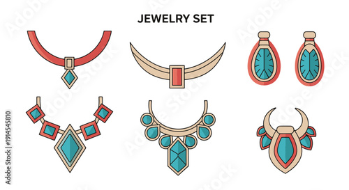 Jewelry Set Line art colorful modern vector