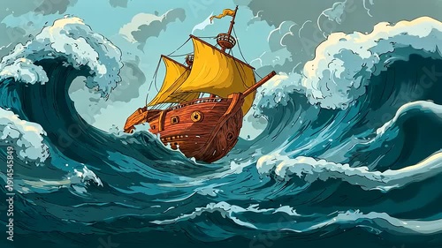 A vibrant, cartoon-style ship navigating through tumultuous waves under a cloudy sky