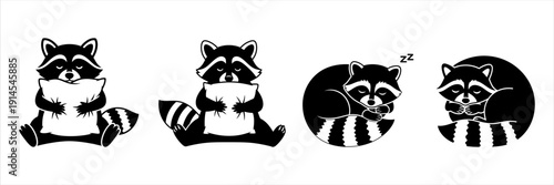 Cute Raccoons illustrations, sitting, sleeping, and curling up