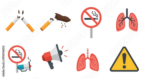 Collection of icons representing the dangers of smoking and promoting a healthy lifestyle, including broken cigarettes, no smoking signs, lungs, and a warning symbol.