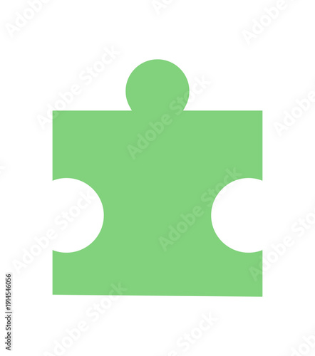 Flat jigsaw puzzle piece silhouette. Bright green puzzle element with smooth edges. Game tile for table activities, boardgame hobby, or play. Simple design, playful style, perfect for graphic