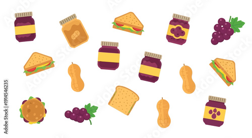 A vibrant collection of peanut butter and jelly sandwiches, jars of jam, and grapes scattered across a white background.
