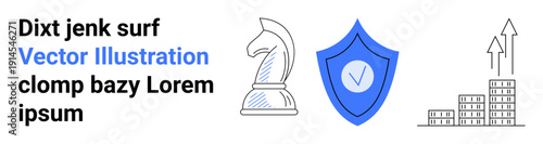 Strategy, security, growth, data analysis, business planning, protection. A chess knight, shield with checkmark and bar chart with arrow upward. Strategy and security concepts