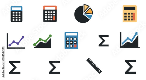 A collection of icons representing business, finance, and mathematics, including calculators, charts, summation symbols, and a ruler.