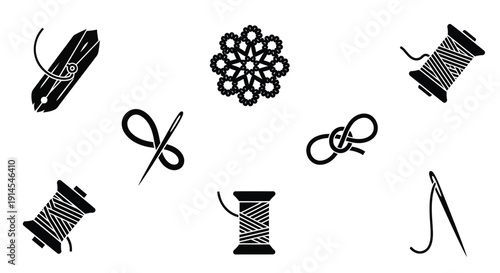 A collection of black and white icons representing sewing and needlecraft tools and elements, including spools of thread, needles, scissors, and decorative lace patterns.