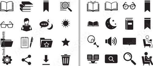 A comprehensive set of education and literacy icons in flat and line styles. Features students reading, stacks of books, graduation caps, and academic tools in blue, green, and black.