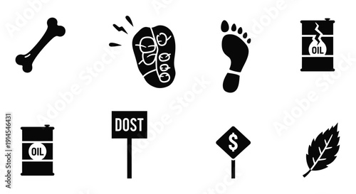 A collection of eight black and white icons representing various concepts including a bone, a brain, a footprint, oil barrels, a sign, a dollar sign, and a leaf.