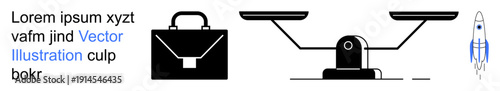 Business growth, justice, startup goals, corporate balance, decision-making, equality. Features a briefcase, a balance scale and a rocket. Business growth and justice portrayed creatively