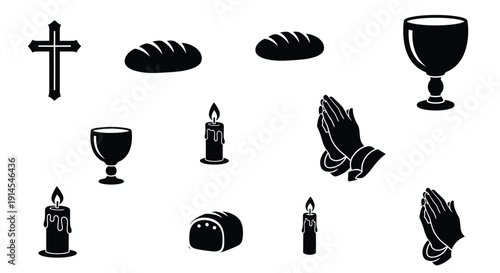 A collection of black and white icons representing religious symbols including a cross, bread, candles, chalices, and praying hands.