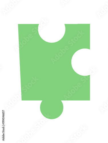 Flat green jigsaw puzzle piece. Silhouette piece for table and board game activities. Essential element for children fun and family boardgame, combining toy design with graphic simplicity.