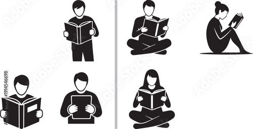 A collection of minimalist vector icons illustrating the concept of reading and literacy, featuring figures with books, intellectual symbols, and magnifying glasses for research.