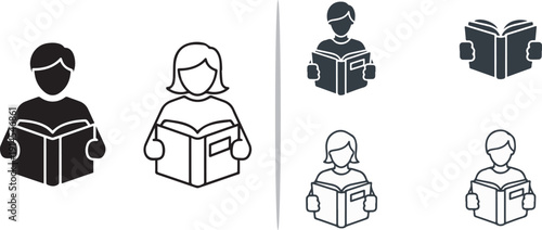 A diverse collection of vector icons and illustrations focused on literacy and academia, featuring people reading, graduation symbols, school supplies, and research tools.
