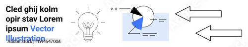 Lightbulb with text symbolizing ideas, pie chart with arrows indicating direction, and data flow. Ideal for innovation, creativity, business, analytics, direction, data visualization simple landing
