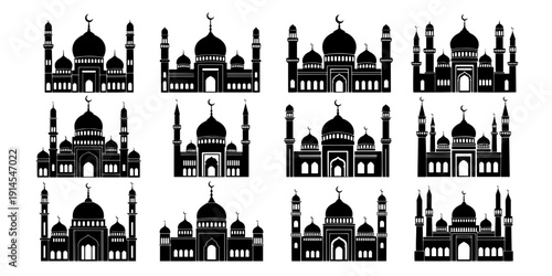 Minimalist Clear Silhouette Collection Showcase Islamic Mosque Designs Architectural Elements for Simple Religious Concepts and Cultural Illustration isolated on Transparent Background