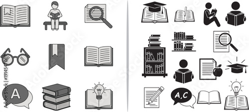A large set of minimalist vector icons illustrating various education and literacy themes, including people reading, school supplies, graduation symbols, and scientific research tools.