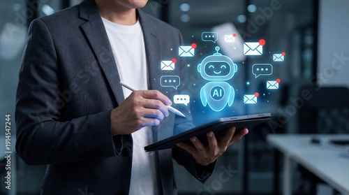 Wallpaper Mural Person holding a tablet with ai icons and symbols floating above the screen in a modern office environment with blurred background Torontodigital.ca