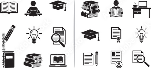 A large collection of minimalist black and white vector icons representing education and literacy, including people reading, school supplies, graduation symbols, and scientific tools.