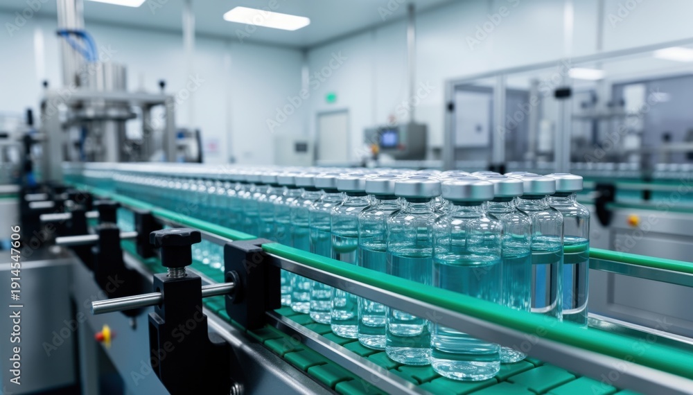 Fototapeta premium Manufacturing: Vaccine vials are meticulously processed and filled on an automated assembly line, with precision and sterile environment