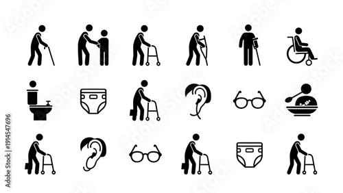 A set of black silhouette icons depicting elderly people with various disabilities and health conditions