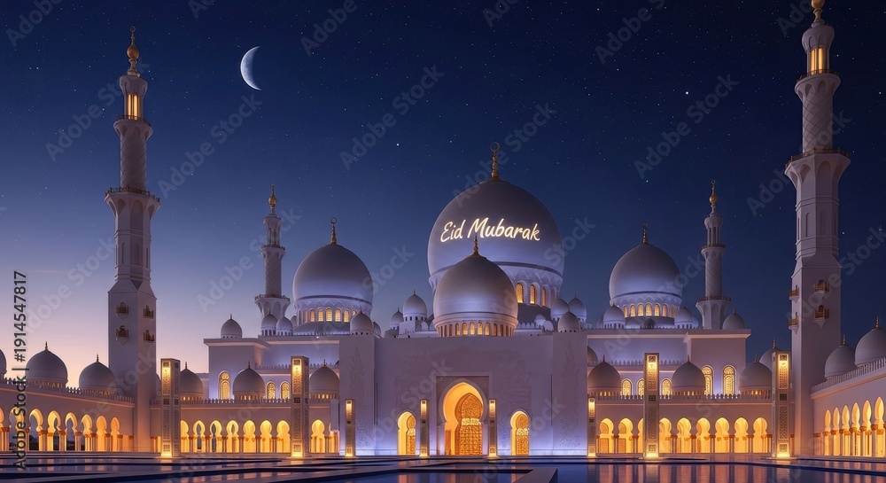 Fototapeta premium Mosque Architecture at Night with Crescent Moon.