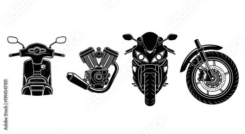 A set of four black and white motorcycle illustrations showcasing different views and components